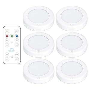 Brilliant Evolution LED Tap Light Push Lights with Remote - 6-Pack Battery Operated Under Cabinet Lights - Stick On Puck Lights for Kitchen, Closet, and Night Lighting - Wireless Warm White, 55 Lumens
