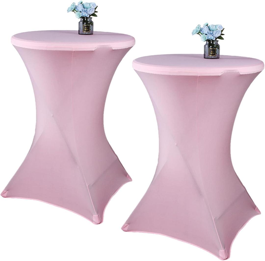 2 Pack 24x43 Inch Pink Cocktail Tablecloth Spandex Round Fitted Table Cover for Wedding Banquet Event Party