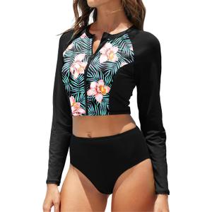 Pinup Fashion Long Sleeve Rash Guard - 2 Piece Swimsuit Bathing Suits with Bottom Swim Top UV UPF 50+ (X-Large, Black Floral)