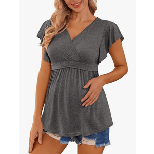 Ekouaer Maternity Shirts Flying Short Sleeve Nursing Tops V Neck Breastfeeding Tees Casual Pregnancy Clothes, Size M