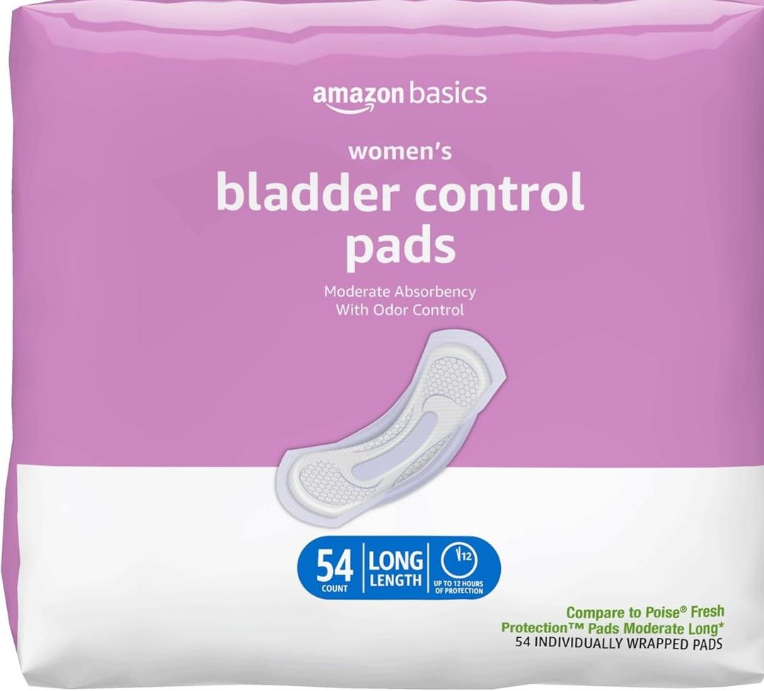 Basics Incontinence, Bladder Control Pads for Women, Moderate Absorbency, Long Length, 54 Count, 1 Pack