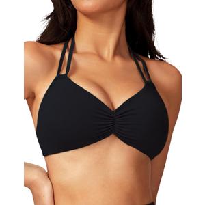 AJISAI Womens Halter Bikini Top Triangle V Neck Bathing Suit Top Low Impact Padded Sports Bra (Black, M)