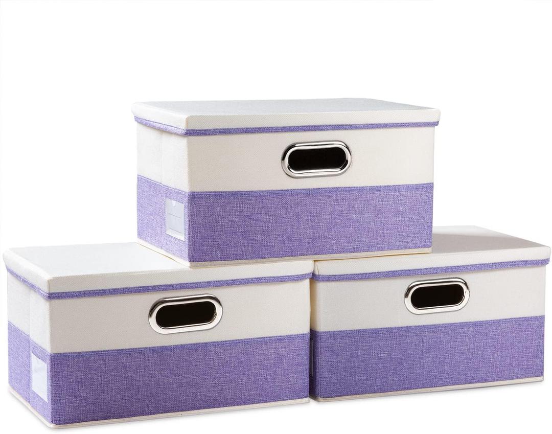 PRANDOM Collapsible Storage Bin with Lid [Pack of 3] Fabric Foldable Storage Box Organizer Container Basket Cube with Cover for Home Bedroom Closet Office Nursery Purple&Cream (14.9x9.8x9.8)