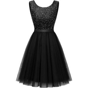 BeryLove Women's Short Sequin Party Dress Sleeveless Boat Neck Prom Wedding Formal Homecoming Dresses for Teens Cocktail Evening Gown S002 Black 3XL