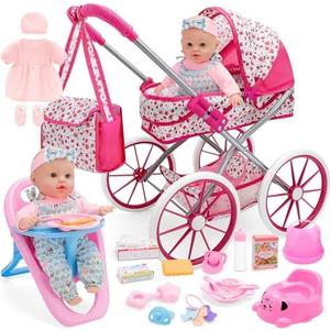 deAO Baby Doll Stroller Set Baby Doll Accessories Playset Pretend Play Toys with 12" Baby Doll,Foldable Stroller,2 Sets Doll Clothes High Chair Christmas Birthday Gift for Toddler Girls 3-7