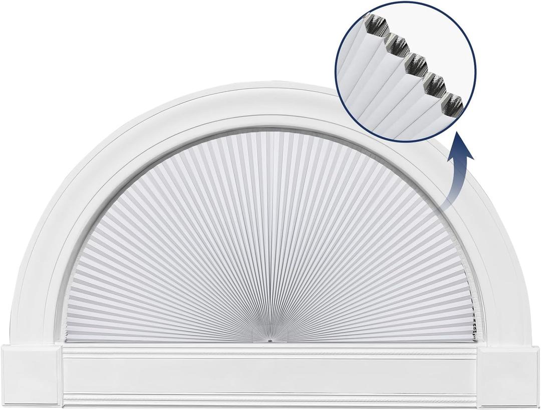 Grandekor No Drill Arch Window Shades Blackout 24" X 48" Honeycomb Blinds for Half Circle Windows Room Darkening Kitchen Nursery Living Room Bedroom White