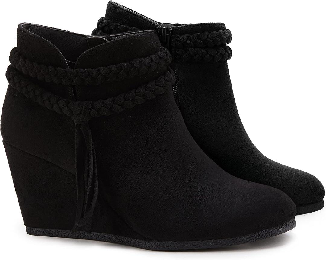 Womens Wedge Ankle Boots Braided Fringe Strap Western Heeled Fall Booties Dress Shoes (Brown) 9