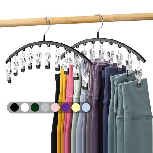 Volnamal Legging Organizer for Closet, 2 Pack Metal Yoga Pants Hangers w/10 Clips Holds 20 Leggings, Space Saving Hanging Closet Organizer w/Rubber Coated Closet Organizers and Storage, Black
