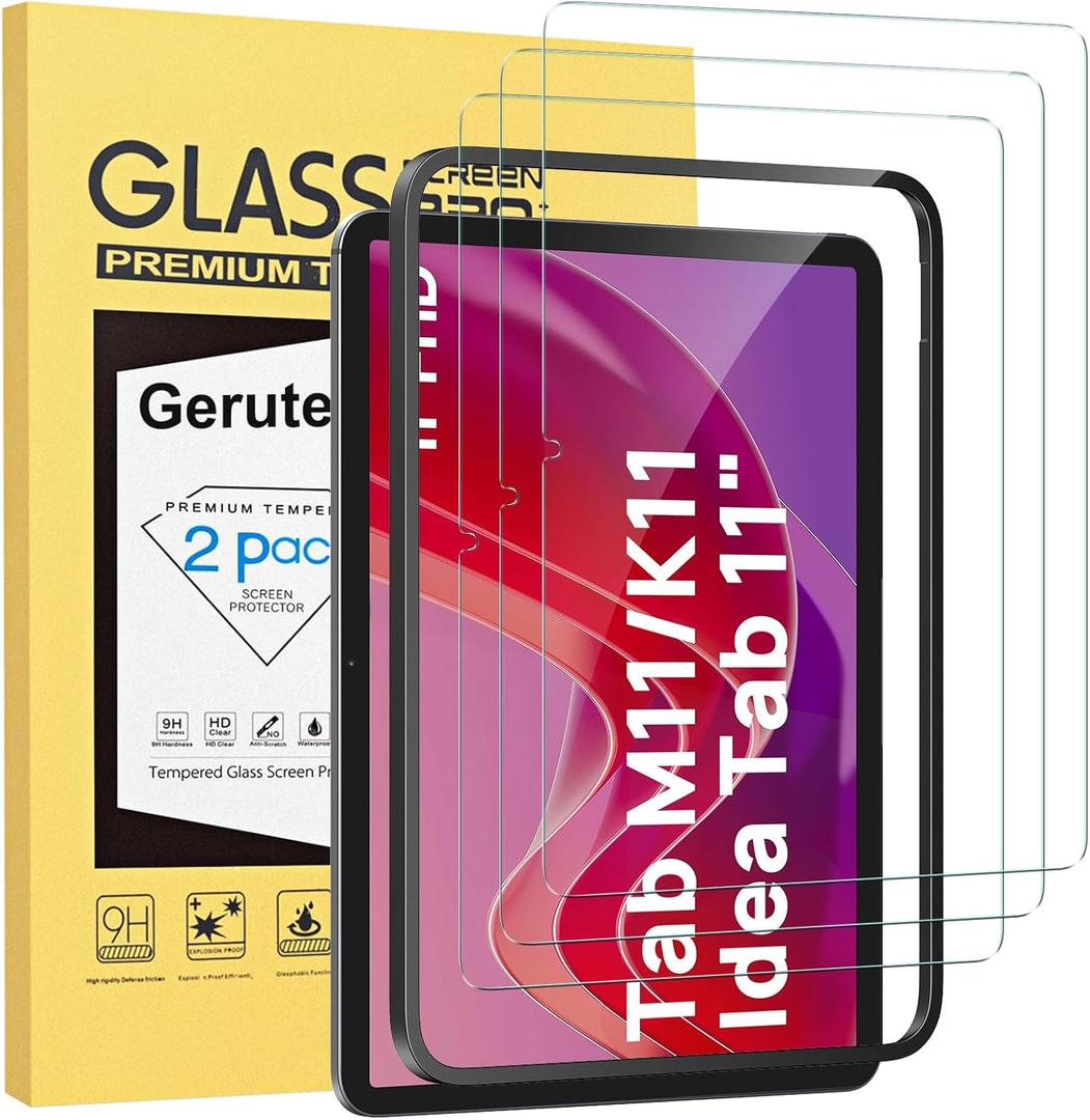 Gerutek Screen Protector 3 Pack for Lenovo Idea Tab/Tab M11/ Tab K11 (11 inch) 2025/2024 Tempered Glass Film with Alignment Frame, HD Clear, 9h Hardness For Tab M11 / Idea Tab 11 inch