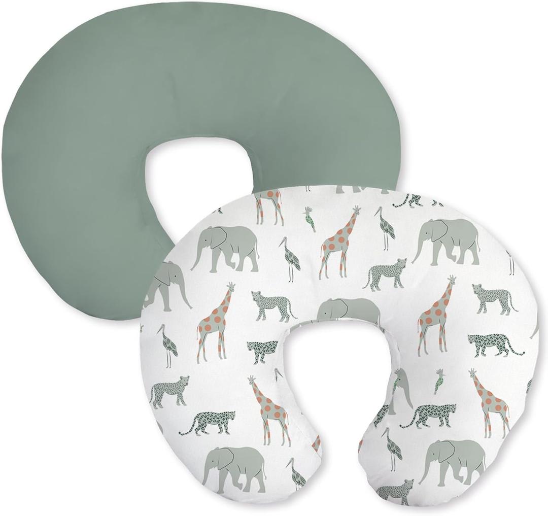 Little Grape Land Nursing Pillow Covers 2 Pack, Soft & Breathable Removable Breastfeeding Pillows Covers for Feeding Pillows, Nursing Pillow Slipcover for Baby Girls Boys, (Safari & Green)