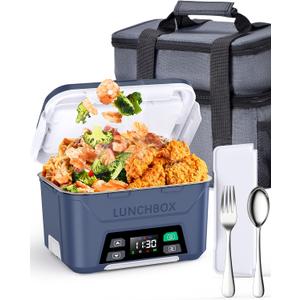 Rechargeable Heated Lunch Box for Men, 1.3L Cordless Electric Lunch Box for Adults with Scheduled Heating, Portable Food Warmer with Large Bag, Cutlery, Removable Divider (Blue)