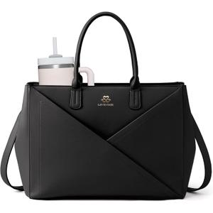 LOVEVOOK Laptop Tote Bag for Women with Large Cup Holder, 17.3 Inch PU Leather Work Bag Teacher Tote Bag, Waterproof Computer Bags Business Office Briefcase Handbag (Black)