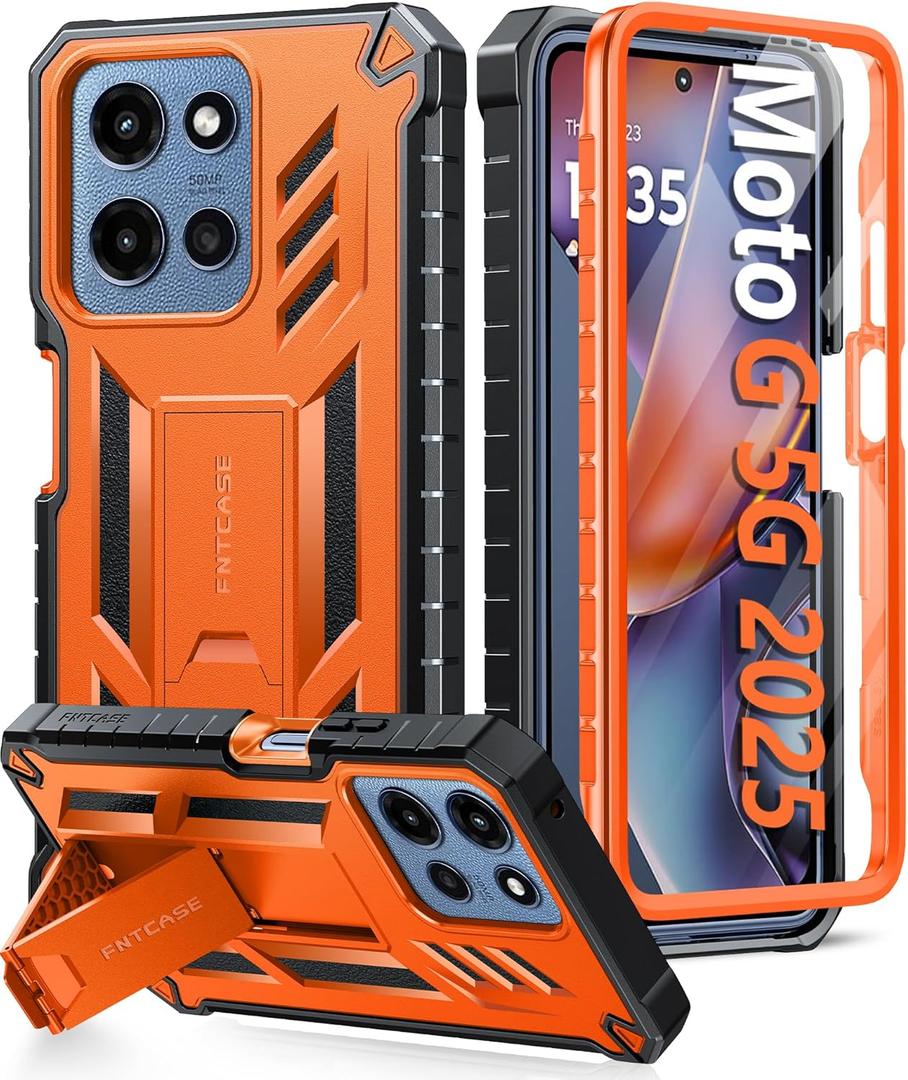 FNTCASE for Motorola Moto G-5G-2025 Case: Military Grade Drop Proof Protection Mobile Cover with Kickstand | Matte Textured Rugged Shockproof TPU | Protective Sturdy Phone Case - Orange