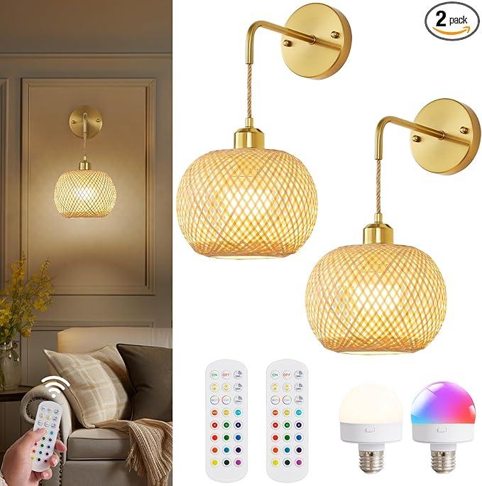 Vitnucrol Gold Battery Operated Wall Sconces Set of 2 with Remote, Rechargeable Rattan Battery Powered Wall Lights/Lamps, Wireless Boho Lighting Fixtures for Bedroom Farmhouse, 15 Colors Dimmable, 8''