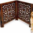 Free Standing Dog Gate 4 Panel Foldable Wooden pet gate Indoor 72" W x 24" H, Hand-Carved Solid Wood & MDF, Portable Indoor Gate for Doorways, Halls, Stairs Fully Assembled_Antique Brown