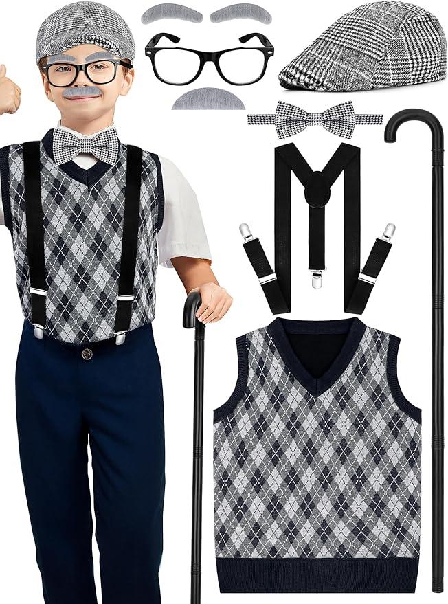 Luces 100th Days of School Costume, Boys Old Man Costume Vest Hat Accessories, Kids 100th Day of School Cosplay Outfit, Size: 5-7Y