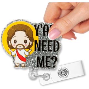4 x Retractable Y'all Need Me Badge Reel with Alligator Clip, Funny Glitter Badge Holder Gifts for Doctors Nurses Night Shift RN LPN ER Social Worker Medical Worker Teacher Christian, Nurse Gifts