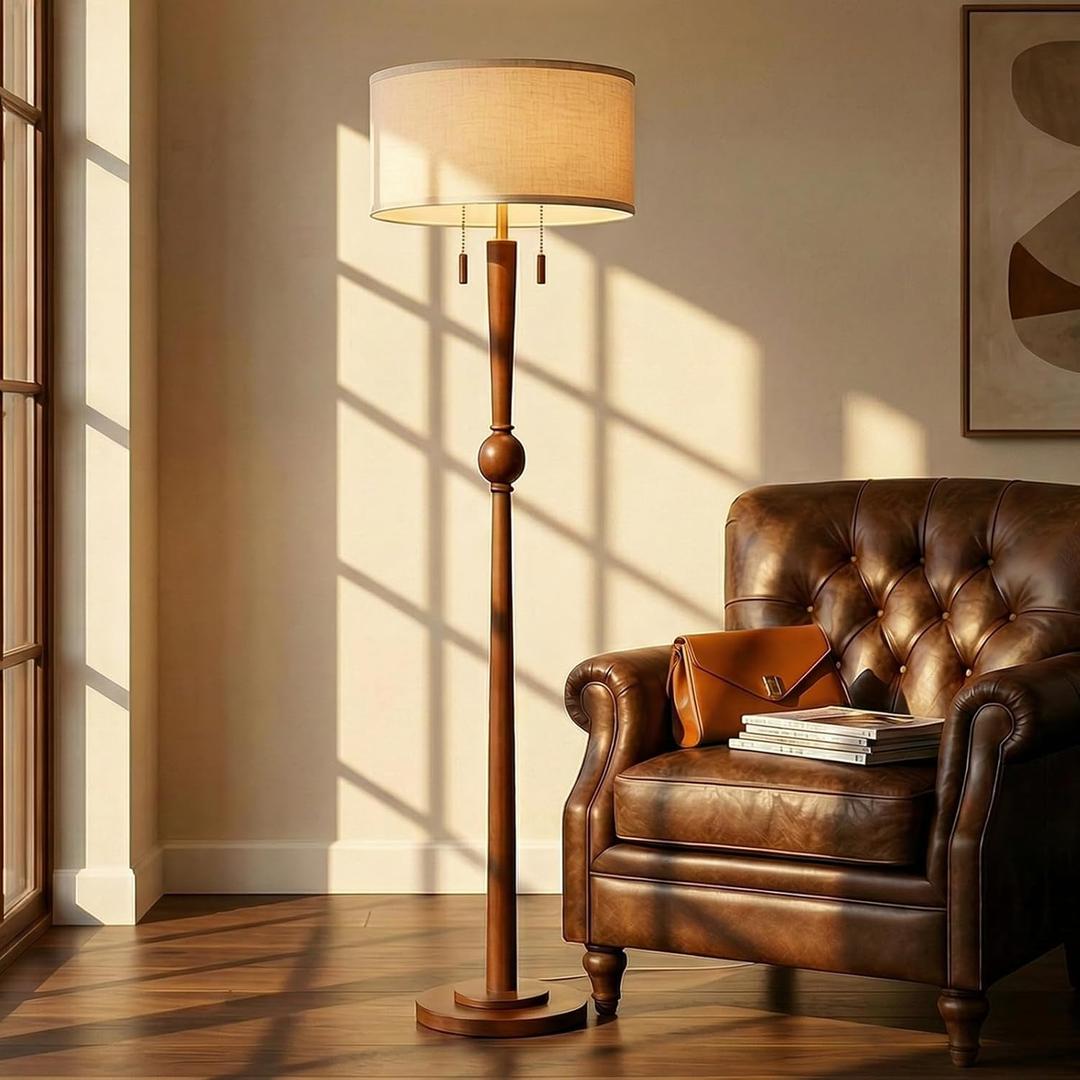 MOFFE 62.8" Solid Wood Floor Lamp, Tall Standing Floor Lamp with 2-Light Pull Chain, 17" Linen Drum Shade, Sculptural Wood Base & Stem, Transitional Floor Lamp for Living Room Bedroom, Includes 2 Bulbs