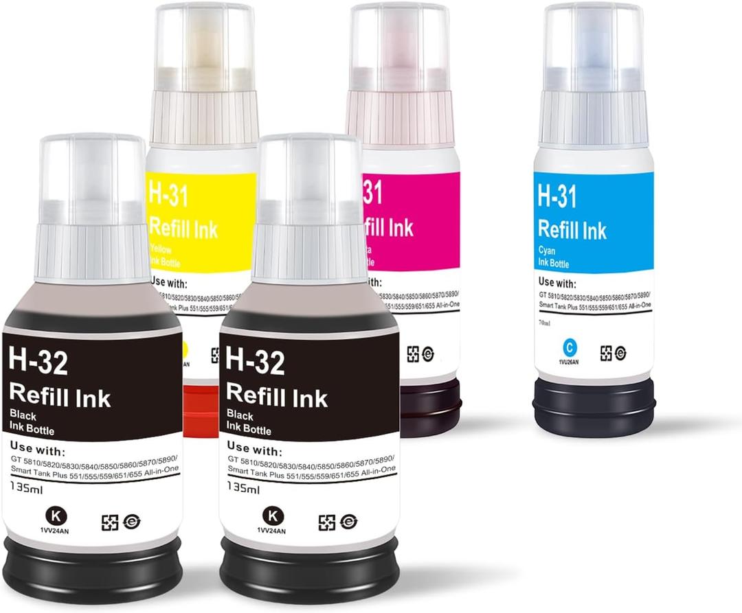 31 32XL Refill Ink Set Replacement for HP 32XL 31 Ink Bottle Used for HP Smart Tank 5000 7301 7001 6001 7602 5101 5102 5103 Plus 551 651 455 457 450 Printers Black Color, 5-Pack
