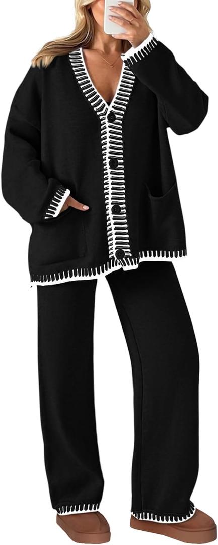 PRETTYGARDEN Lounge Sets for Women Fall 2026 Loungewear 2 Piece Outfits Cardigan Sweaters Track Suit Matching Winter Clothing (Small, Black)