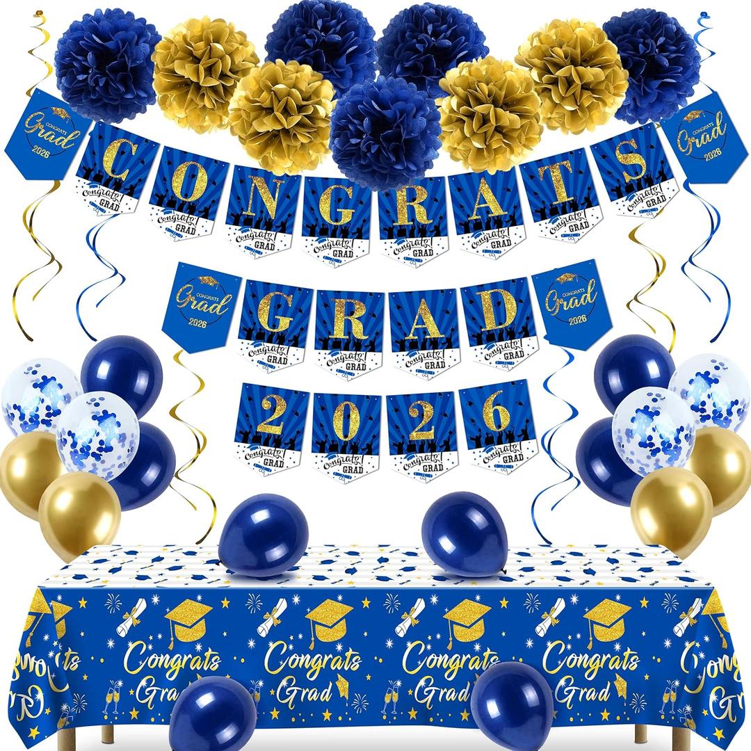 Graduation Decorations 2026 Navy Blue and Gold Grad Party Decorations Including Congrats Grad 2026 Banners, Paper Pompoms, Hanging Swirls, Balloons for Graduation Party Decorations