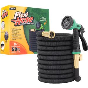 Flexi Hose with 8 Function Nozzle, 50FT - Lightweight Expandable Garden Hose, No-Kink Flexibility, 3/4 Inch Solid Brass Fittings and Double Latex Core (Black)