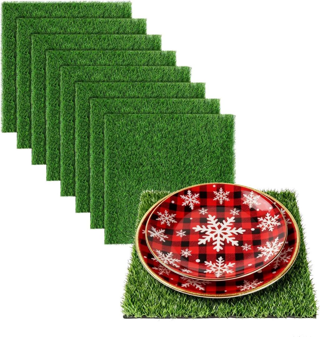 XLX TURF Artificial Grass Table Placemats Set of 8 Green Christmas Table Centerpiece Decor Football Golf Theme Birthday Square Turf Mat Baby Shower Wedding