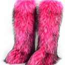 WOVOIE Knee High Fur Boots for Women Faux Fur Boots, Fluffy Round Toe, Winter Cosy Plush Warm Outdoor Snow Boots (Rose red, Adult, Women, 9, Numeric, US Footwear Size System, Medium)
