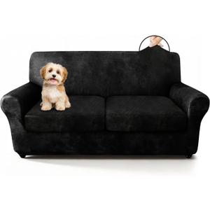 ANARACHON Loveseat Slipcover 3-Piece for 2 Cushion Couch, Faux Leather Fabric NO Slip Scratch-Resistant Durable Stretch Furniture Protector, Pet Friendly for Dogs & Cats, Machine Washable,(Black)