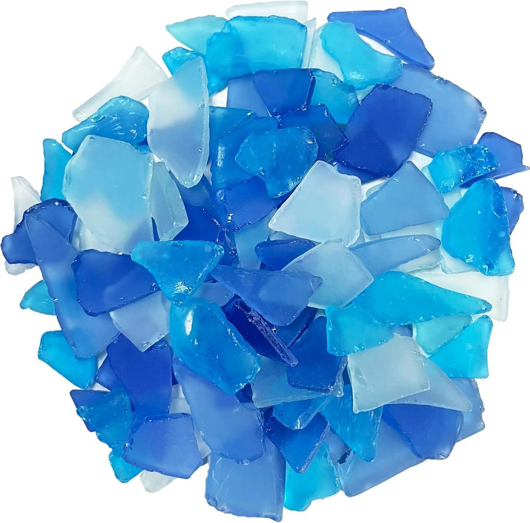 Sea Glass for Craft - 14oz Frosted Flat Glass in Deep Blue, White & Light Blue, Bulk Seaglass Pieces for Beach Weddings Home Decor