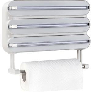 Aluminum Foil & Plastic Wrap Dispenser with Cutter - Magnetic & No-Drill Wall Mount, Cling Film Dispenser with Paper Towel Holder, Space-Saving 4-in-1 Kitchen Organizer - Fits 12" Roll, White