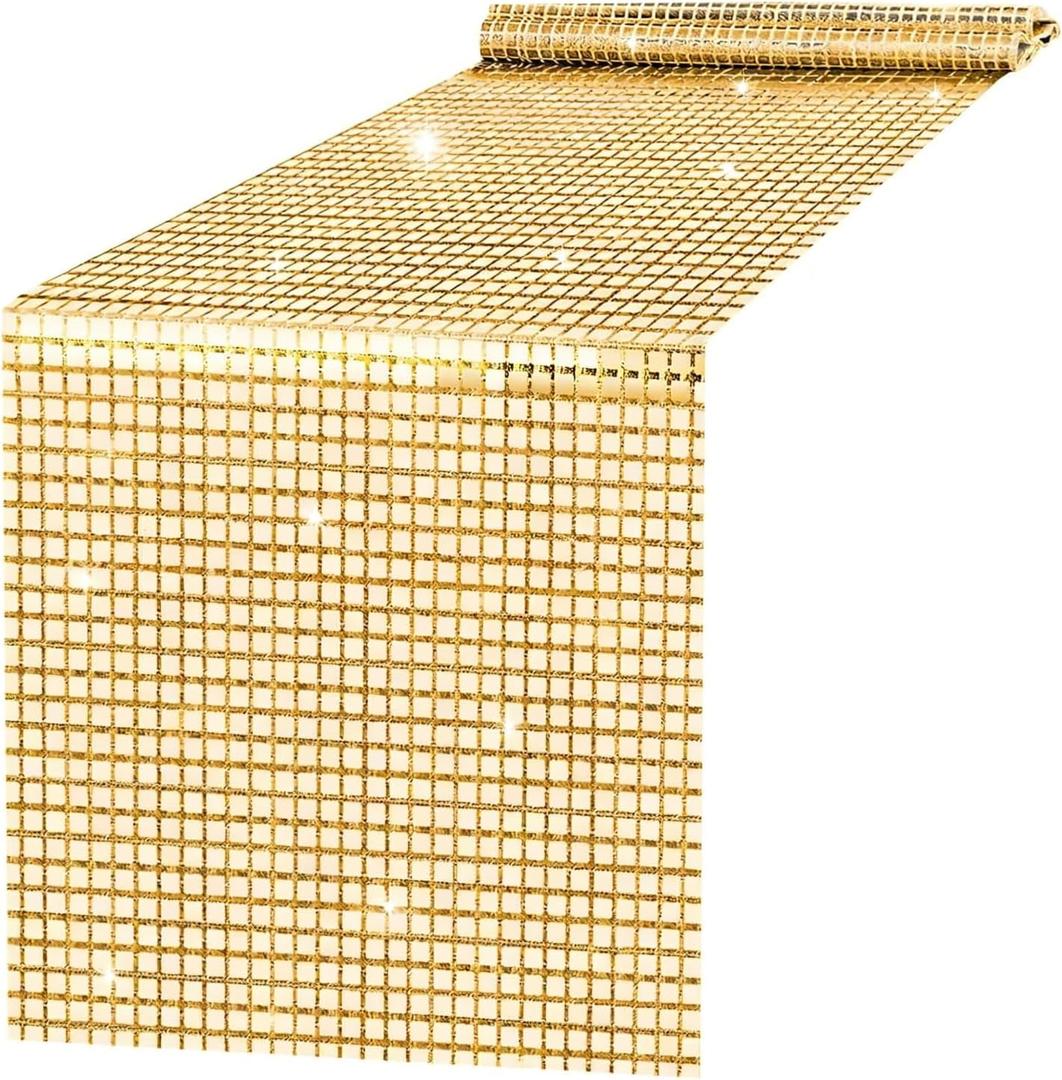 Champagne Gold Sequin Disco Table Runner 12 x 108 Inches Mirror Glitter for Wedding Birthday Bachelorette Valentine's Day 70s 80s Theme Party Decorations
