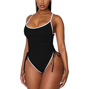 Viottiset Women's Ruched Drawstring One Piece Swimsuit Tummy Control High Cut Bathing Suit S