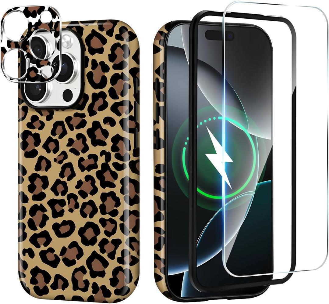 Magnetic Case for iPhone 16 Pro Max,with Screen Protector & Camera Lens Protector,Cute Brown Leopard Print Design for Women Girls Men,Slim Anti Scratch Leopard Case for iPhone 16 Pro Max