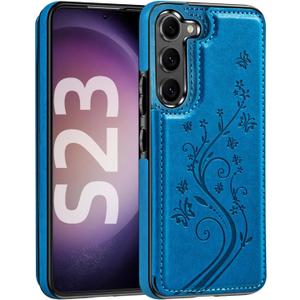 Korecase Wallet Phone Case for Samsung Galaxy S23 with Card Holder, Butterfly Floral PU Leather Back Flip Case -Blue