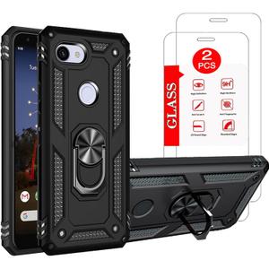 for Google Pixel 3A Case with [2 Pack] Tempered Glass Screen Protector, for Google Pixel 3A Heavy Duty Armor [Military-Grade] ProtectiveMagnetic Ring Stand Phone Case Black