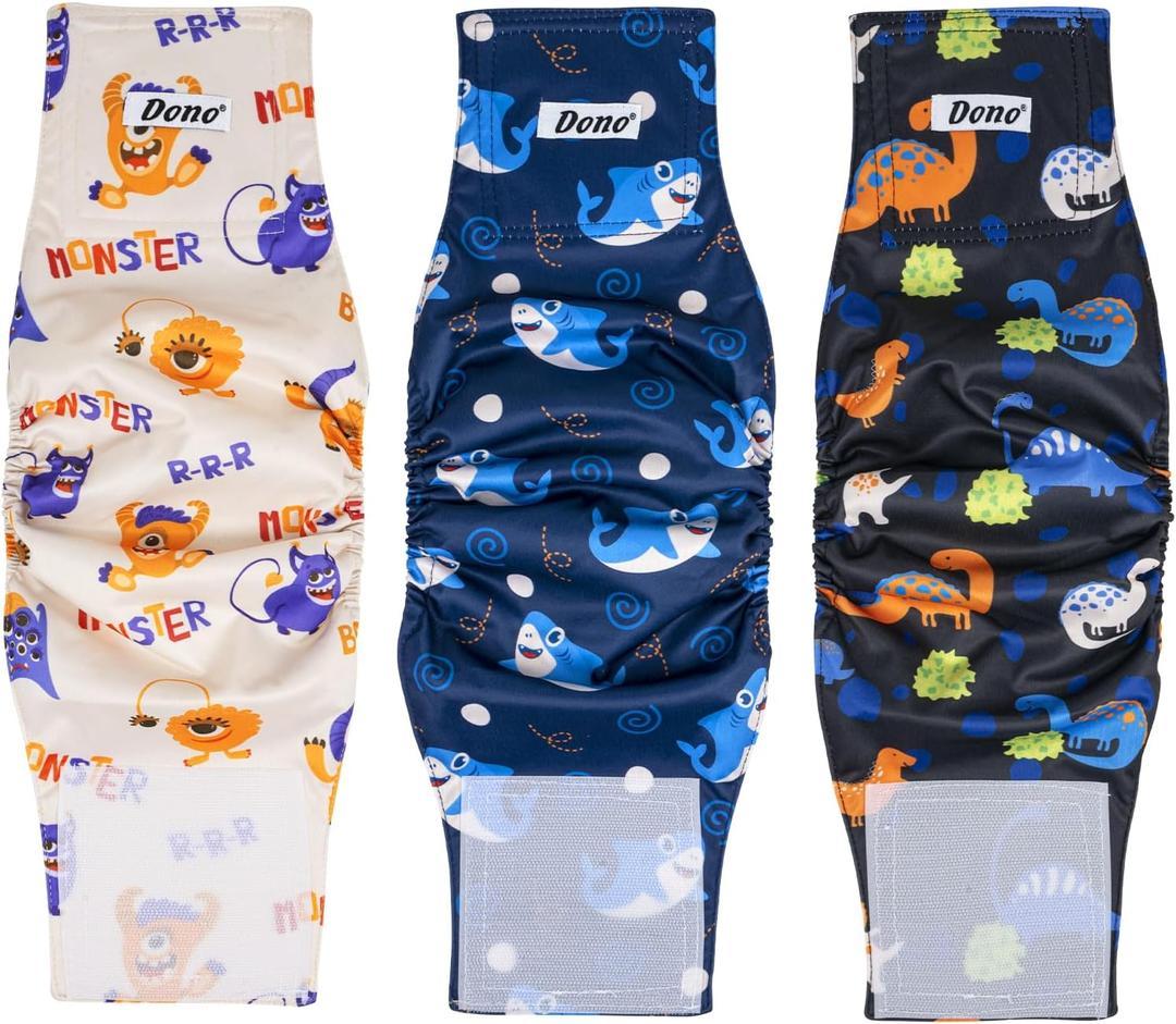 Dono Reusable Belly Bands for Male Dogs, 3 Pack Washable Dog Diapers Male, High Absorbency Male Dog Wraps, Leakproof Doggie Diaper for Puppy Doggy, Shark Dinosaur Monster, Large (Large (14''-18''))