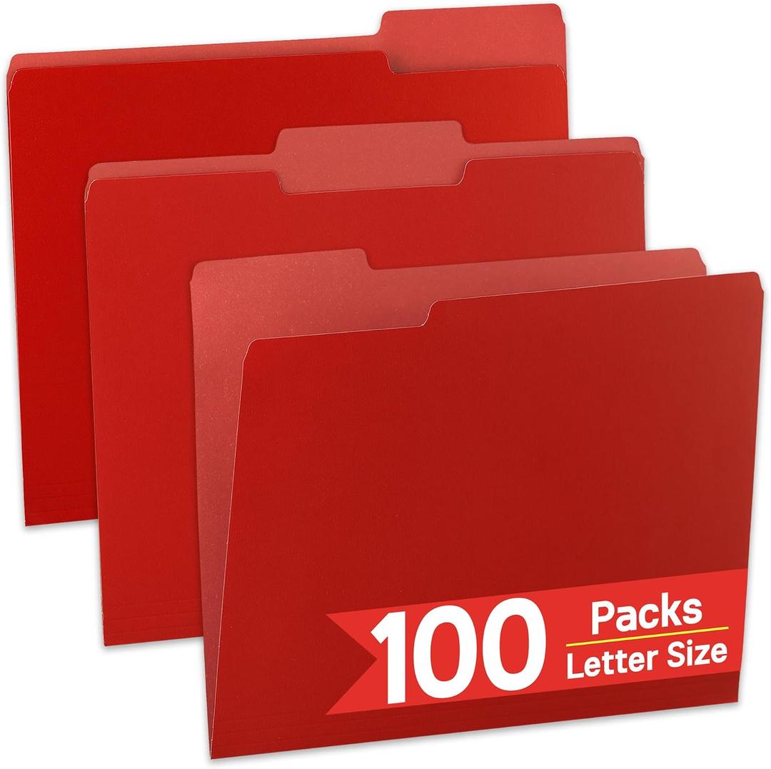 VZCPYTPM 100 Pack Red File Folder,1/3-Cut Tabs,Paper File Folders Letter Size,8.5x11 Manilla File Folders for Office Filing,School Projects and Home,Organizer Documents