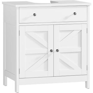TEENFON Pedestal Sink Storage Cabinet with 2 Barn Doors and Drawer, Bathroom Sink Cabinet with U-Shape Cut-Out, Pedestal Sink Cabinet, White