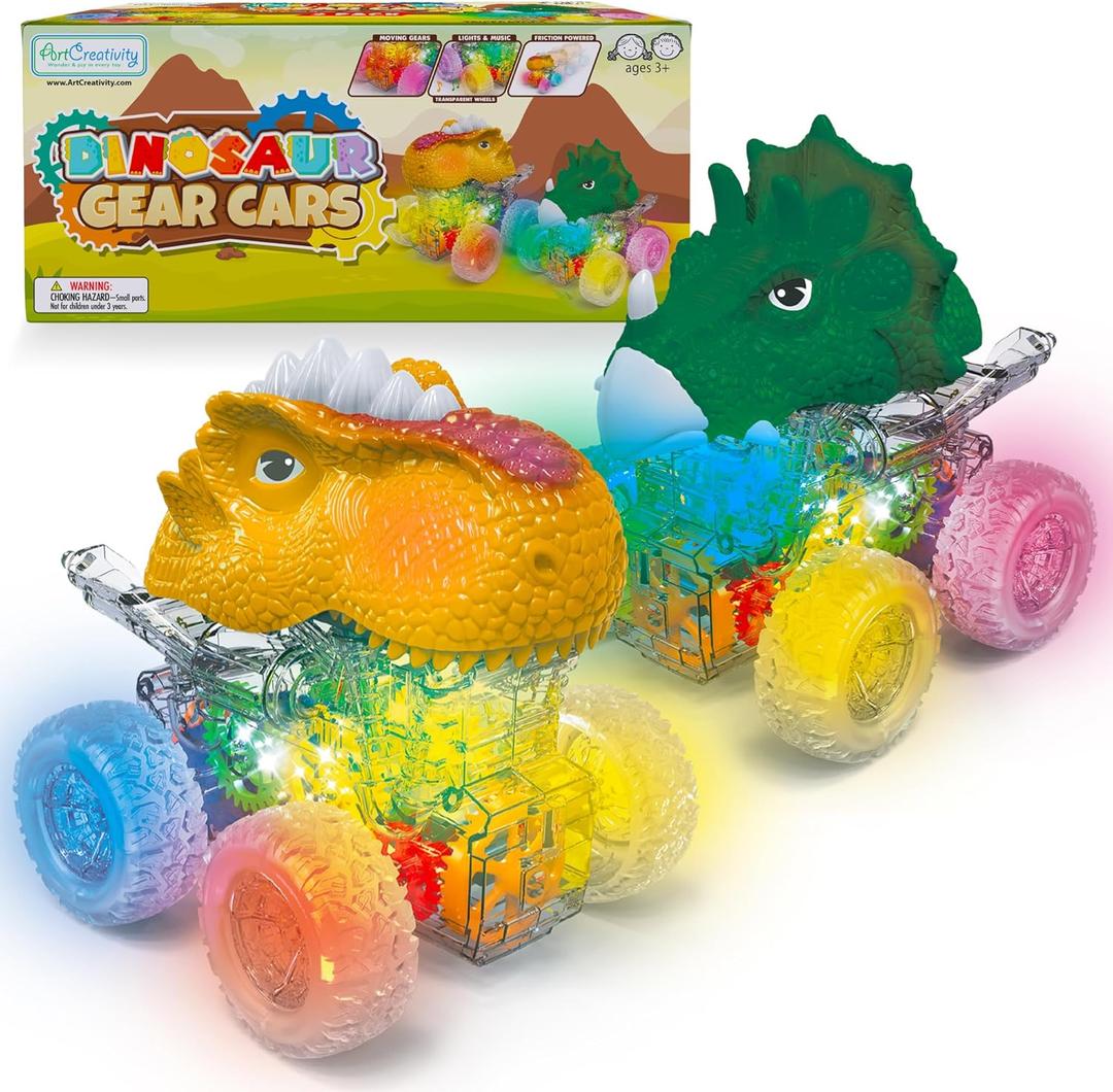 ArtCreativity Light Up Gear Dinosaur Truck Toys - Set of 2 - Trucks with Moving Gears, Multicolored Lights, Music, and Transparent Friction-Powered Wheels - Monster Truck, Toys for Boys 2-4 & Gifts
