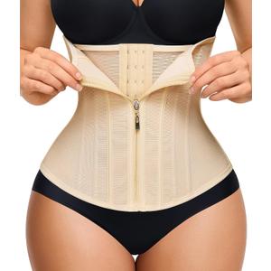 Nebility Waist Trainer for Women Zipper Corset Shapewear Tummy Control Mesh Waist Cincher Faja Body Shaper(Large, Beige)