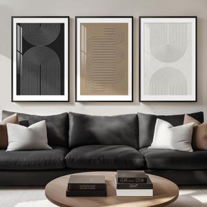 Large Framed Boho Neutral Abstract Wall Art, 3 Piece Modern Art Prints Paintings Artwork for Walls, Minimalist Black White Brown Geometric Pictures for Living Room, Dining Room, Bedroom Wall Decor, 20" W X 30" H X 3pcs