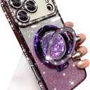 Changjia Glitter Kickstand Case for iPhone 17 Pro Max,Cute Bling Sparkly Diamond Rhinestone with Camera Lens Protector Liquid Flowing Ring Stand TPU Bumper Women Girl Case for iPhone 17 Pro Max,Purple