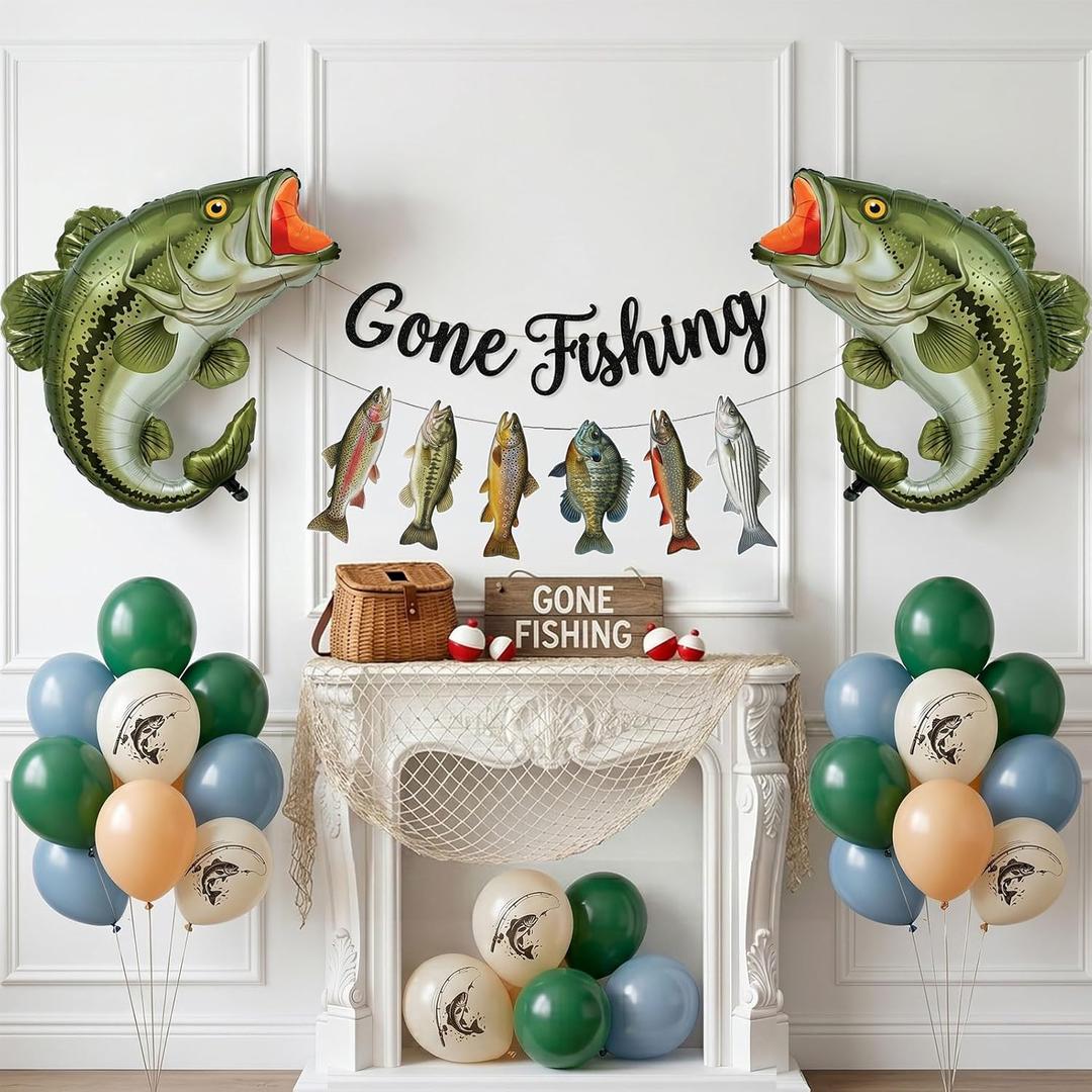 Gone Fishing Party Decorations, Bass Balloons Net Banner Kit | Perfect for Ofishally One 1st birthdays, Gone Fishing themed parties, and fisherman baby showers.