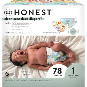The Honest Company Clean Conscious Diapers for Sensitive Skin | Hypoallergenic, Fragrance Free | Spring '25 Limited Edition Prints | Club Box, Size 1 (8-14 lbs), 78 Count