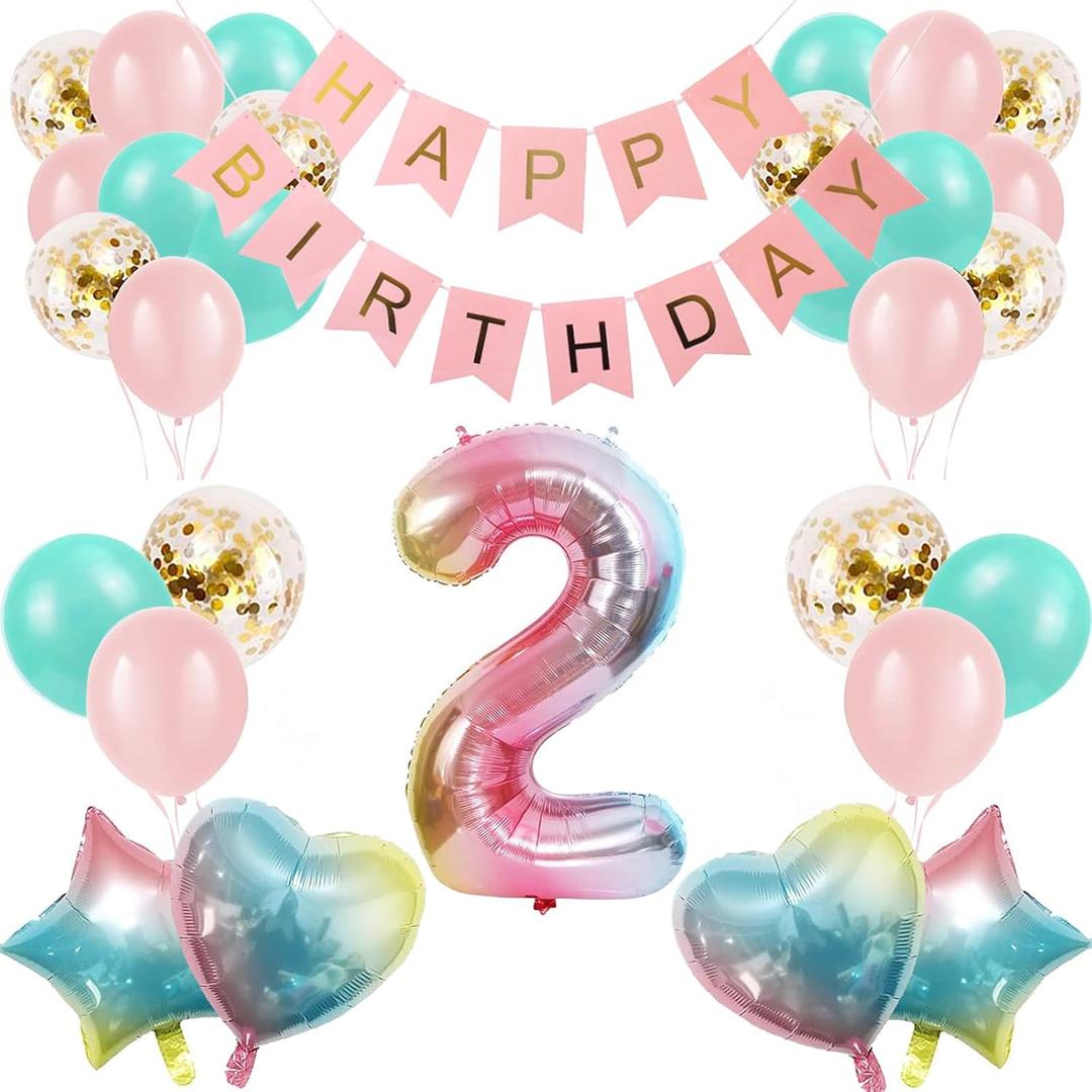 2nd Birthday Decorations for Girls - Gradient Color Age 2 Balloons with Happy Birthday Banner for Baby Showers & Parties