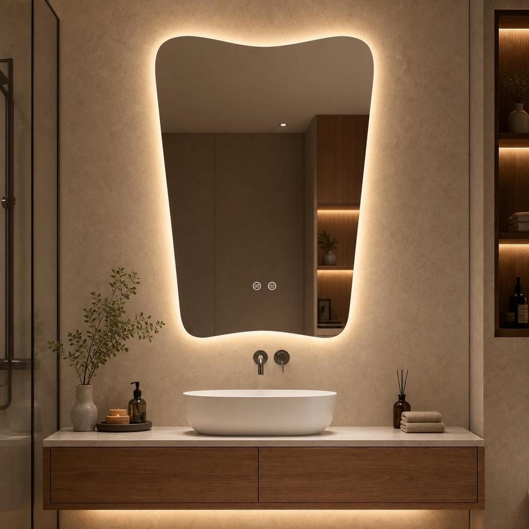 Irregular Led Bathroom Mirror with Lights 24x36 Inch, Backlit Asymmetrical Led Bathroom Mirror for Wall, Lighted Vanity Mirror with Lights, Anti-Fog, Dimmable 3 Colors, Shatter-Resistant