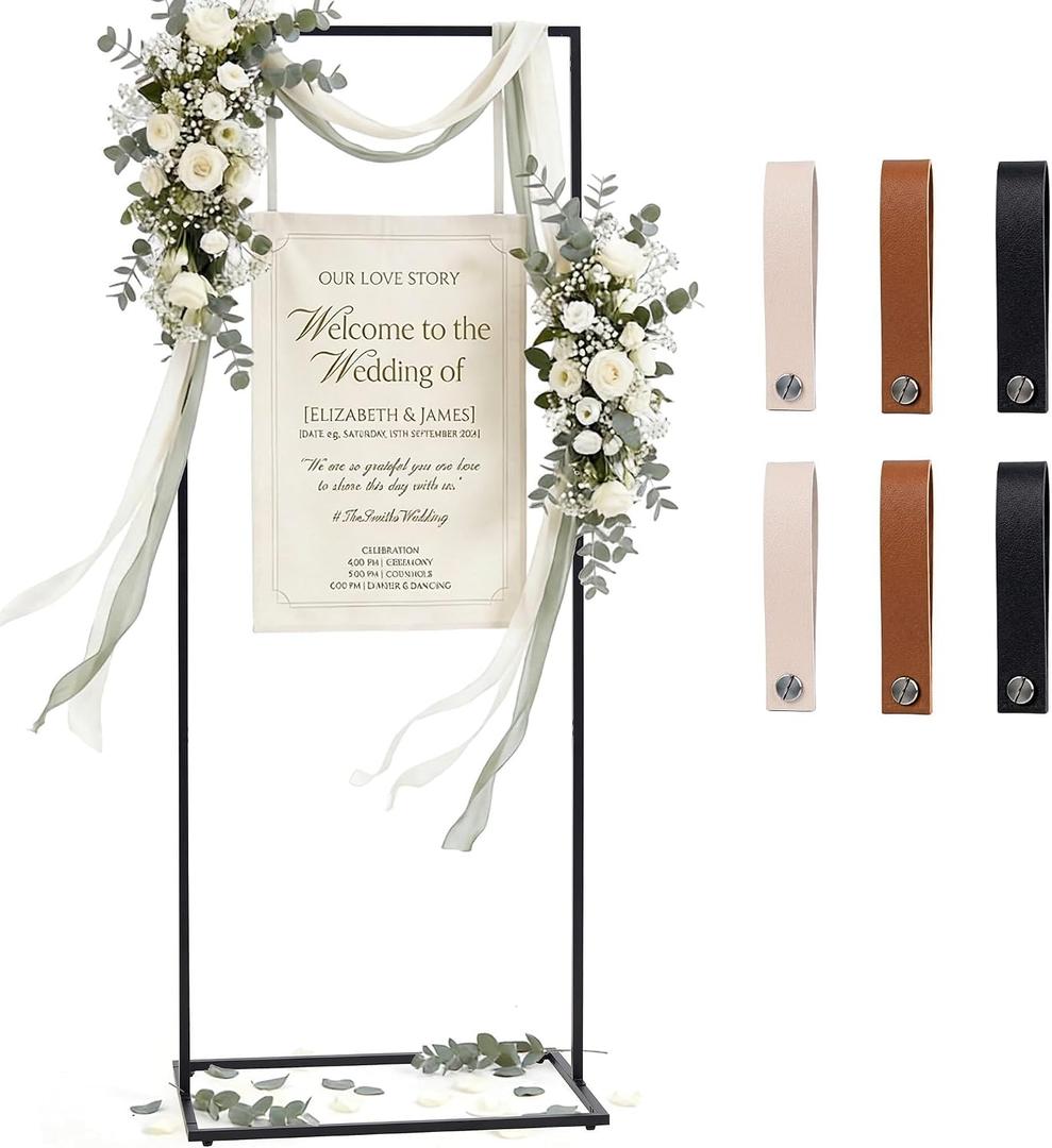 Wedding Welcome Sign Stand, 79" Extra-Tall Height - Black Metal Sign Holder with 6 Leather Straps, Easel Stand for Seating Charts & Event Décor
