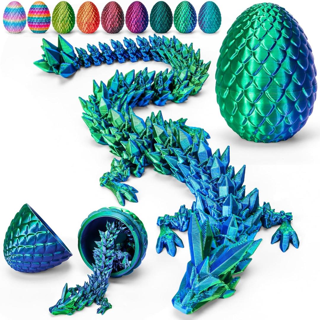 TBOLINE 12" 3D Printed Dragon Egg, Christmas Stocking Stuffers for Kids Boys, Cool 3D Printer Articulated Crystal Dragon Toy for Boys Kid Teen, Animals Fidget Toy Dinosaur Eggs for 5-7 4-6 8-12 (Laser Green)