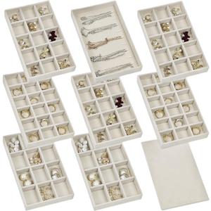 Set of 8 Stackable Jewelry Organizer Trays with 1 Lid for Drawer & Dresser Organizer, Adjustable Velvet Jewelry Box Tray Earring Organizer Necklace Storage Ring Bracelet Display Case (Beige)